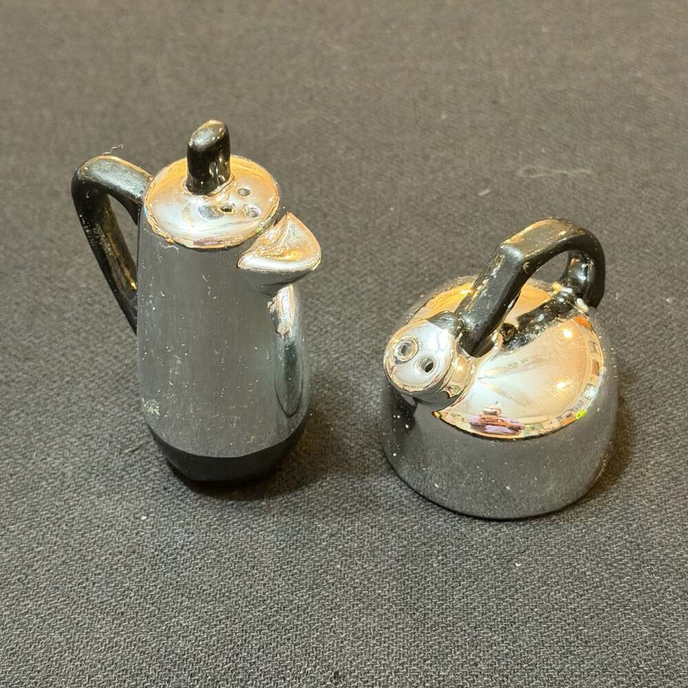Cobble Creek Chrome Coffee Percolator and Tea Kettle Salt & Pepper Shaker Set